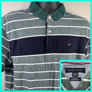 Tommy Hilfiger Polo Shirt Mens 2XL Green/Blue Striped Slim Fit Short Sleeve